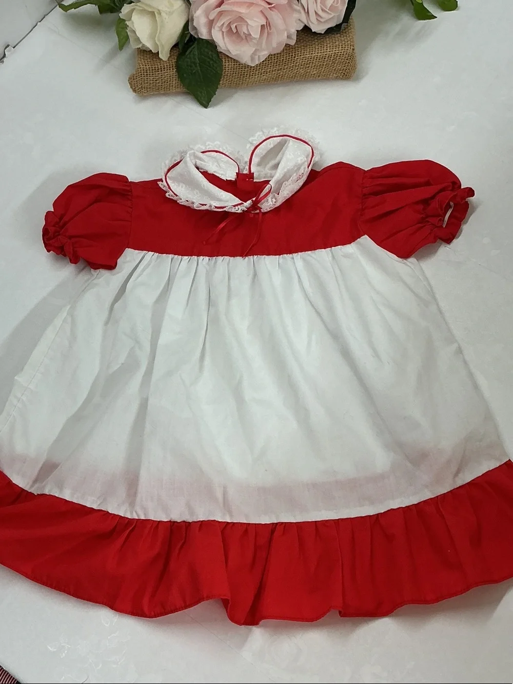 Vintage Red & White Puff Sleeve Baby Dress with Peter Pan Collar